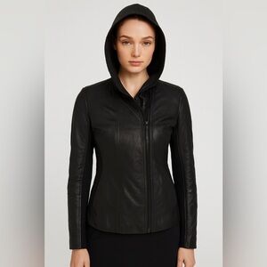 Danier Black Genuine Leather Moto Zip Fitted Hooded Jacket Women’s 2XS